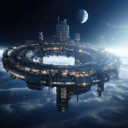 A large circular space station in spaceの素材