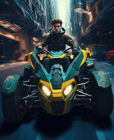 A man on a quad bike of the future is driving fastの素材