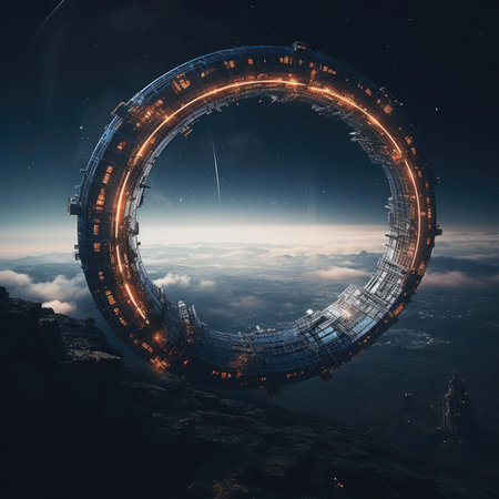 A large circular space station in spaceの素材