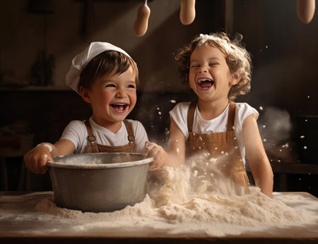 Joyful children prepare foodの素材