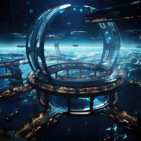 A large circular space station in spaceの素材