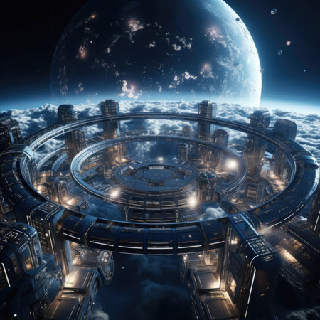 A large circular space station in spaceの素材