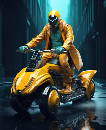 A man on a scooter of the future rides fastの素材