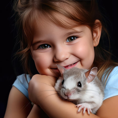 Little smiling girl holding a hamsterの素材