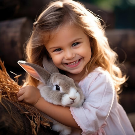 Little smiling girl holding a rabbitの素材