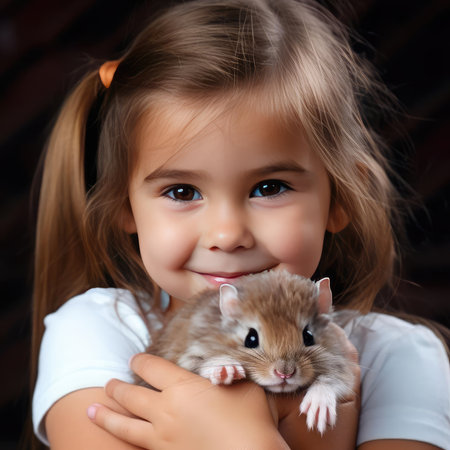 Little smiling girl holding a hamsterの素材