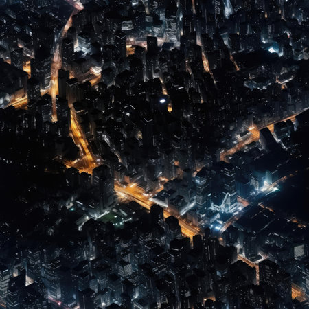 Top view of the city at night with illuminated streetsの素材