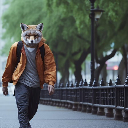 A fox man walks through the cityの素材