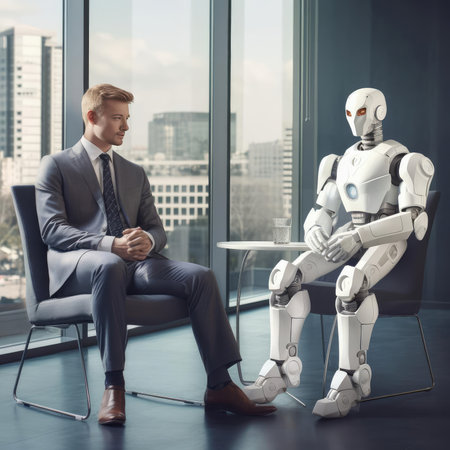 A man in a suit and a robot at a job interviewの素材