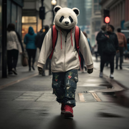 A panda man walks through the cityの素材