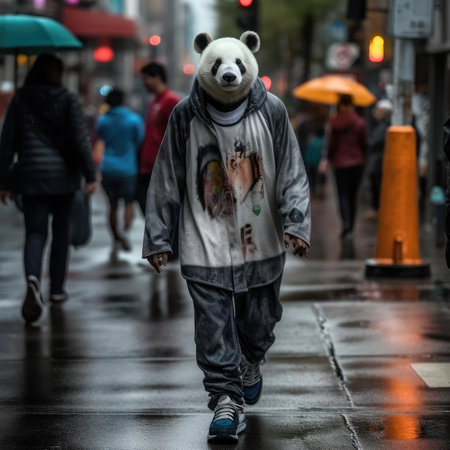 A panda man walks through the cityの素材