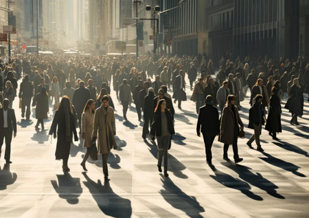 A crowd of people walks down the streetsの素材