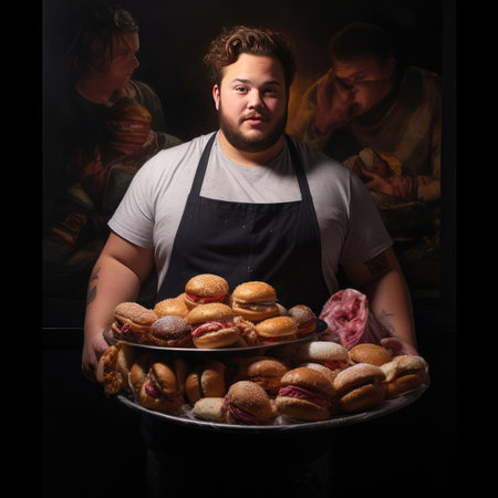 Young fat man holding a tray of junk foodの素材