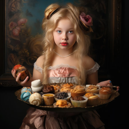 Fat girl holding a tray of junk foodの素材