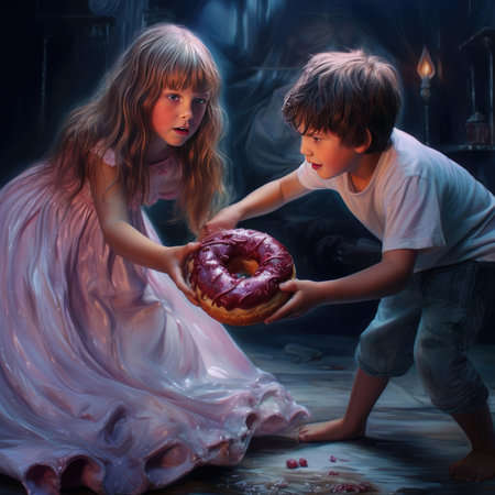 Boy and girl with a donutの素材