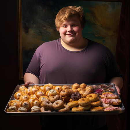 Young fat man holding a tray of junk foodの素材