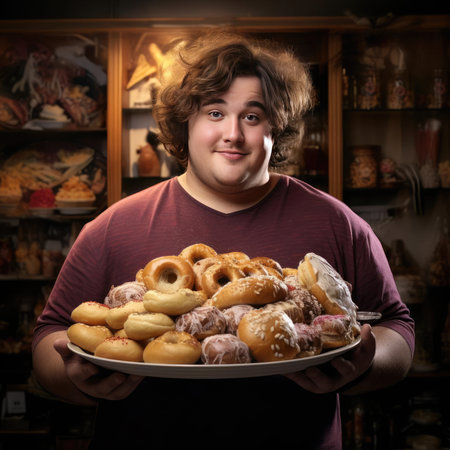 Young fat man holding a tray of junk foodの素材