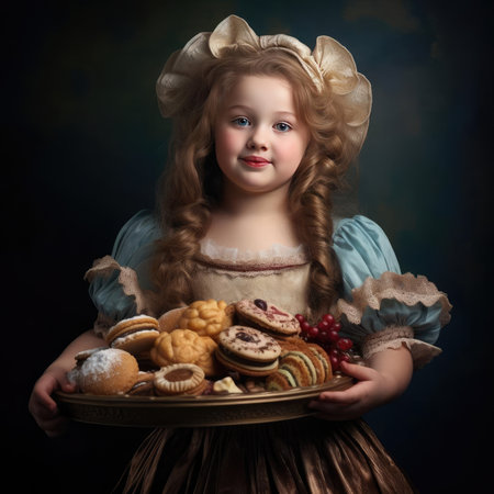 Fat girl holding a tray of junk foodの素材