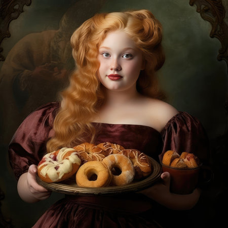 Fat girl holding a tray of junk foodの素材