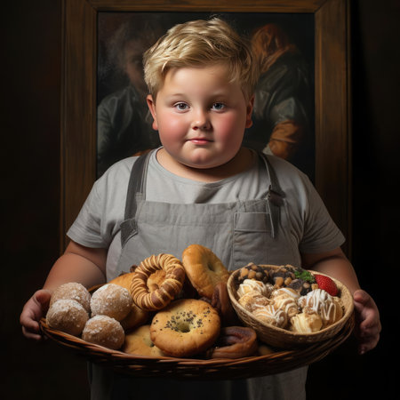 Fat boy holding a tray of junk foodの素材