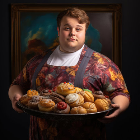 Young fat man holding a tray of junk foodの素材