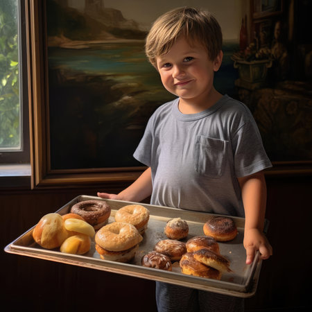 Fat boy holding a tray of junk foodの素材