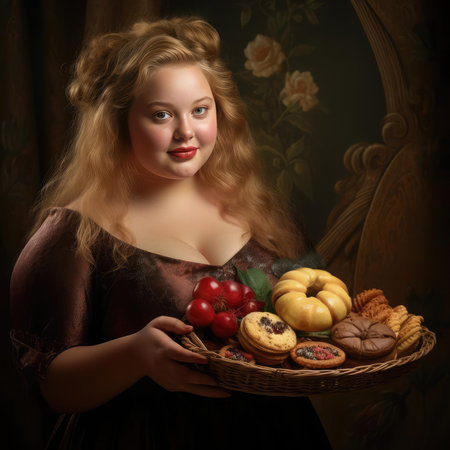 Fat girl holding a tray of junk foodの素材