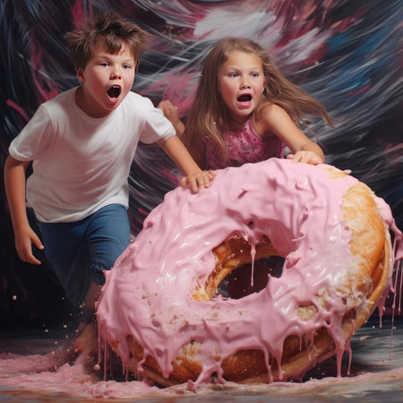 Boy and girl with a donutの素材