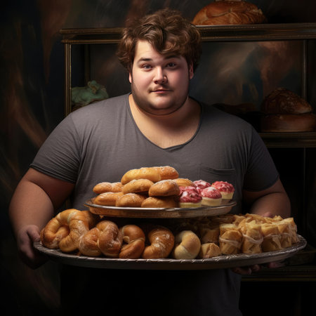 Young fat man holding a tray of junk foodの素材