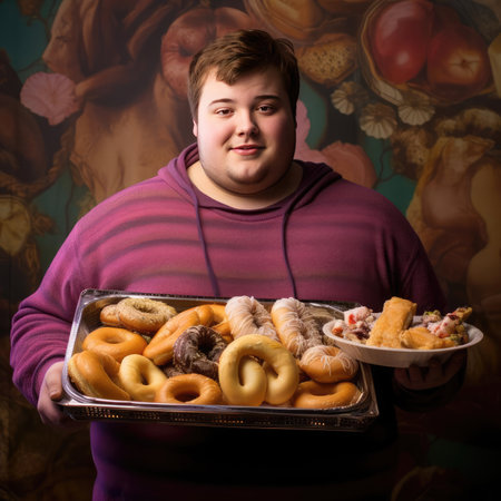 Young fat man holding a tray of junk foodの素材