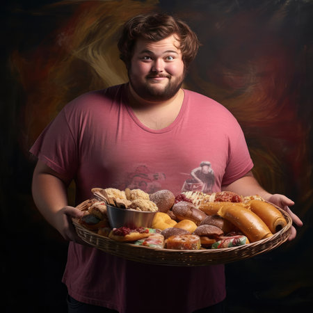 Young fat man holding a tray of junk foodの素材