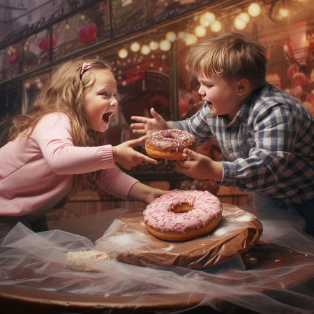 Boy and girl with a donutの素材