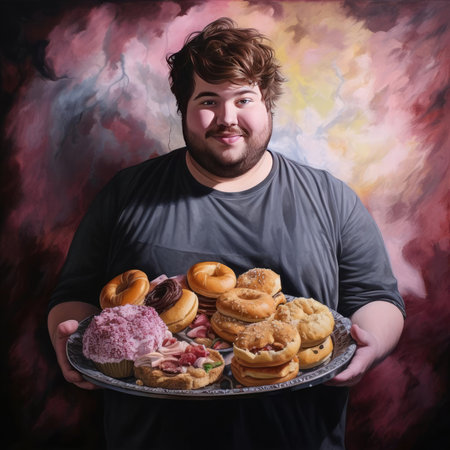 Young fat man holding a tray of junk foodの素材