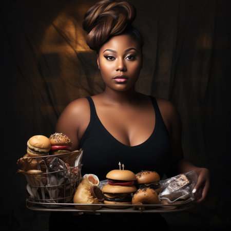 Young beautiful chubby woman holding a tray of junk foodの素材