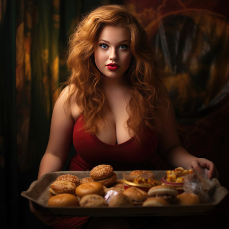 Young chubby woman holding a tray of junk foodの素材