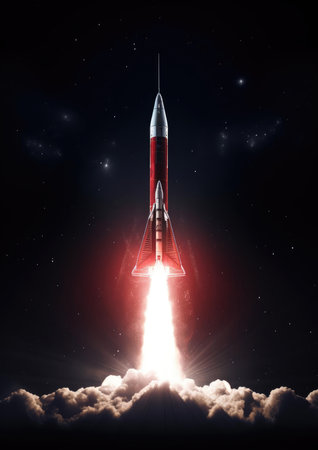 A space rocket is launched into spaceの素材
