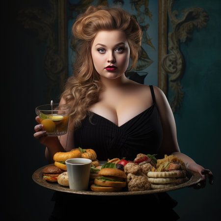 Young chubby woman holding a tray of junk foodの素材