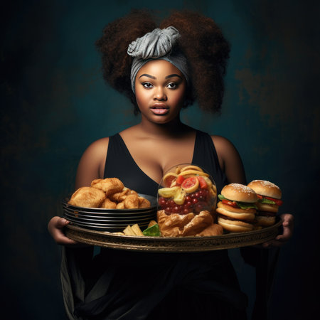 Young beautiful chubby woman holding a tray of junk foodの素材