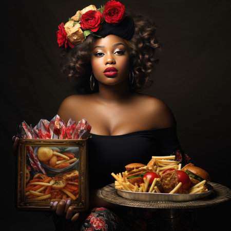 Young beautiful chubby woman holding a tray of junk foodの素材