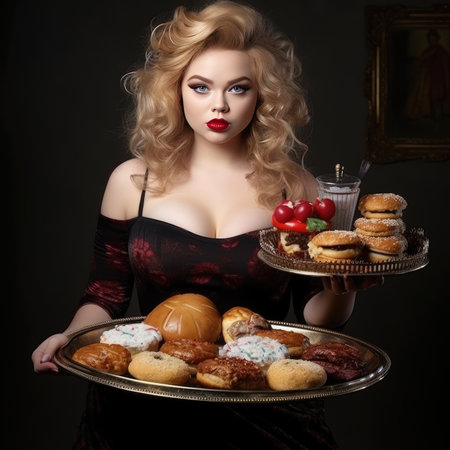 Young chubby woman holding a tray of junk foodの素材