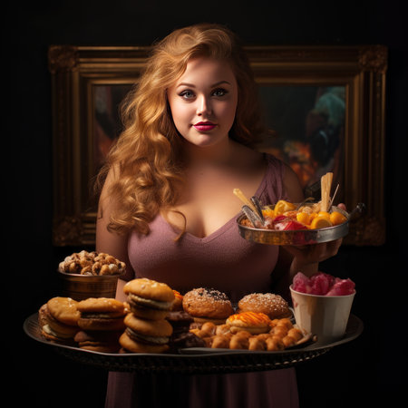 Young chubby woman holding a tray of junk foodの素材