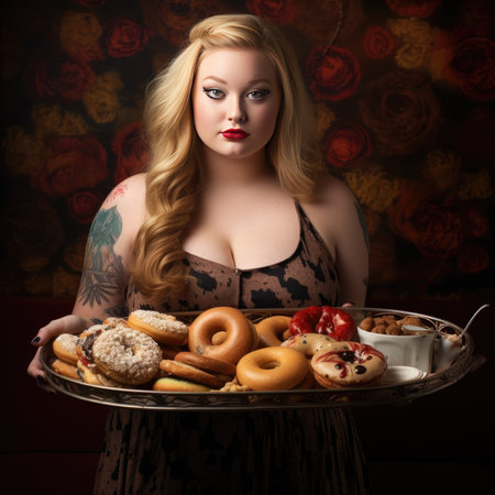Young chubby woman holding a tray of junk foodの素材