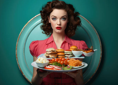 Beautiful young woman holding trays of junk food in her handsの素材