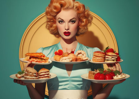 Beautiful young woman holding trays of junk food in her handsの素材