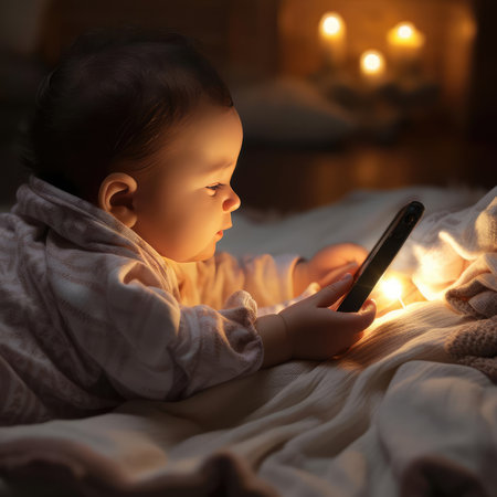 A small child is lying in bed with a smartphone. Children and electronic gadgetsの素材