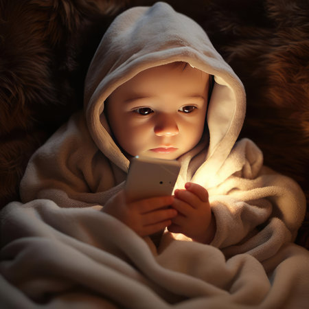A small child is lying in bed with a smartphone. Children and electronic gadgetsの素材