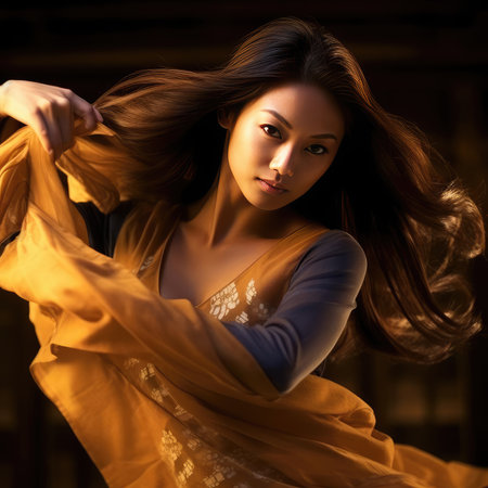 Asian girl dancing national dance in Asian clothesの素材