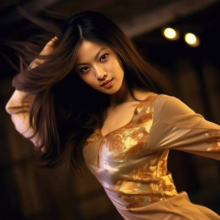 Asian girl dancing national dance in Asian clothesの素材