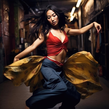 Asian girl dancing national dance in Asian clothesの素材