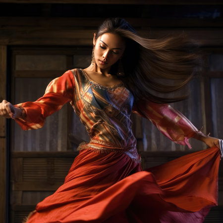 Asian girl dancing national dance in Asian clothesの素材